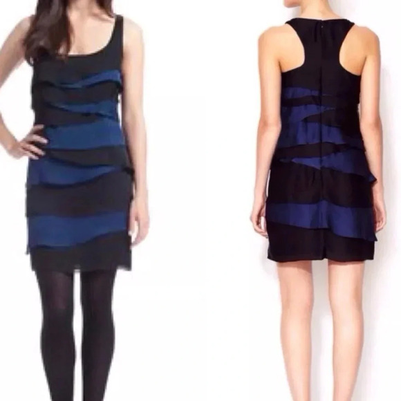 Shoshanna Georgette Tiered Silk Dress Blue Black Sleeveless Size 6 Women's - Picture 1 of 11